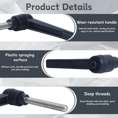 Heavy Duty Clamping Lever Handles With Quick Release Push Button Locking, 304 Stainless Steel M6 X 45mm Stud, Black Non Slip Grip, Rock Solid Hold For Serious Workbenches And Weekend Warrior Builds, 6 Pack - Detail of wear-resistant handle and deep threads.