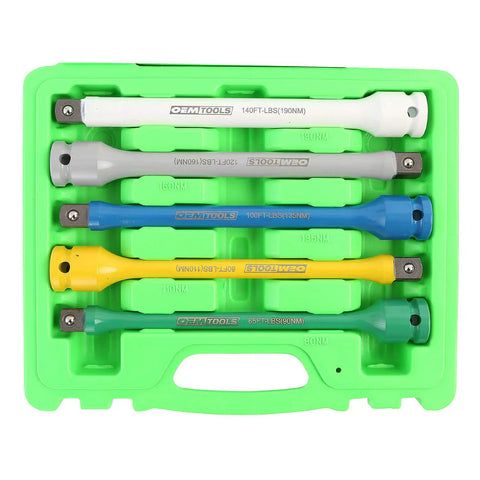 Torque Sticks Half Inch Drive Set Five Piece Torque Limiting Extensions For Lug Nut Protection Keeps Sockets From Getting Dinged Extends Life Of Thin Wall Impact Sockets Color Coded Storage Case Included