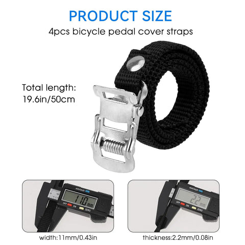 4 Pack Universal Bike Pedal Straps Set For Bicycles And Spin Bikes with adjustable steel buckle, shown with dimensions.