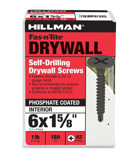 Six Fine Thread Self Drilling Drywall Screws Black Phosphate Coating Two Point Drill Tip Phillips Recessed Drive Ships In A One Eighty Piece Tin For Snappy Wall Hangs And Zero Drill Hassle On The Job Site Today.