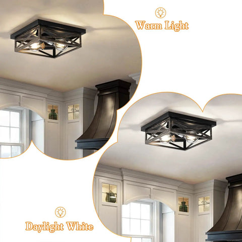2 Pack Rustic Flush Mount Ceiling Light Fixtures With Industrial Metal Cage Design installed in kitchen with warm and daylight white lighting