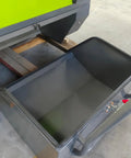 Heavy Duty Commercial Ride On Industrial Sweeper For Warehouses And Factories, gray debris bin detail with sturdy handle.