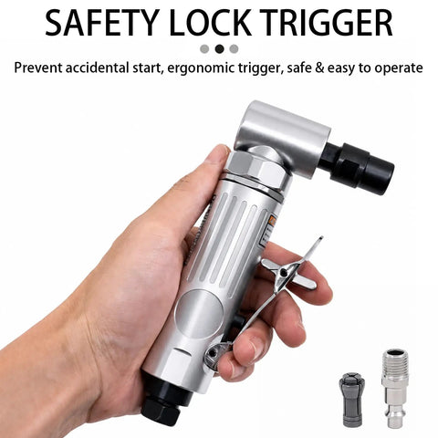 Top Rated Heavy Hitter Air Die Grinder 1/4 Inch 25000 Rpm Variable Speed Throttle With Built In Regulator featuring safety lock trigger in hand.