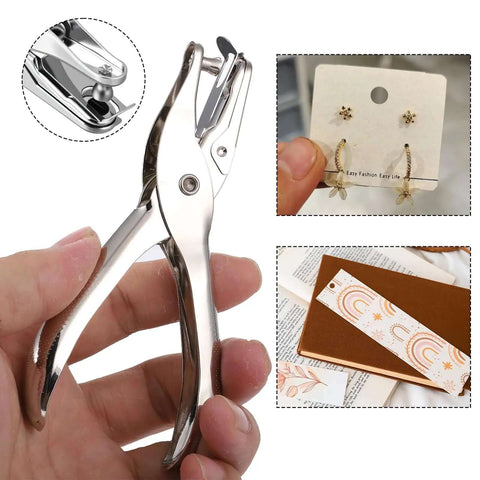 Circle Shaped Handheld Paper Hole Punch, 1/8 Inch Single Hole Punch for DIY crafts, shown with uses for tags and greeting cards.