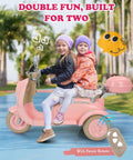12V Dual Motor Ride On Motorcycle For Kids With Two Seats Pink Electric Moped For Indoor Outdoor Adventures Flip Up Rear Seat One Hour Run Time Easy Start For Little Riders, two kids riding pink plastic scooter