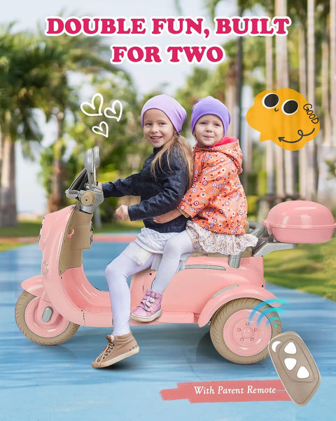 12V Dual Motor Ride On Motorcycle For Kids With Two Seats Pink Electric Moped For Indoor Outdoor Adventures Flip Up Rear Seat One Hour Run Time Easy Start For Little Riders, two kids riding pink plastic scooter