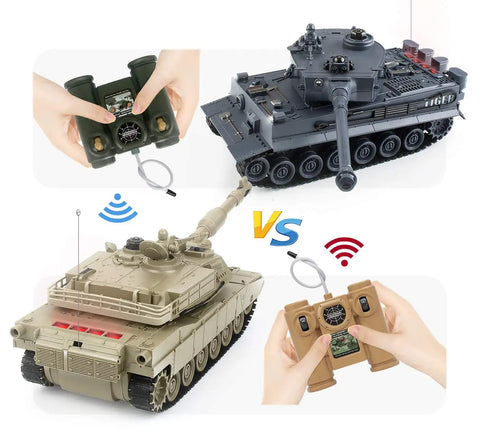 One Twenty Eight Scale Remote Control Tiger Tank With German WW2 Dope Authentic Detail Sound And Light 9 Channel RC Military Toy For Boys And Girls Realistic Battle Tank For Indoor And Outdoor Play Collectible Grade showcasing two RC tanks with remote controllers and infrared signals.