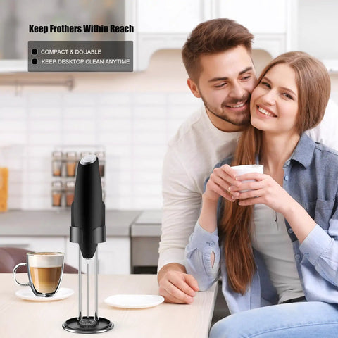 Electric Handheld Milk Frother With Stand For Coffee At Home, Milk Foamer And Mini Mixer displayed on a kitchen counter