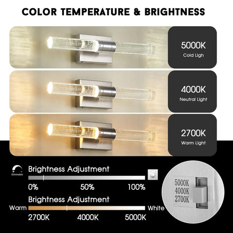 Modern LED Wall Sconce With Crystal Post 2700K 4000K 5000K Adjustable Color Temperature Brushed Nickel Vanity Light display