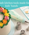 Playful Chef Kids Cake Decorating Kit with pastel icing, metal tips, and recipe card next to a floral cake design.