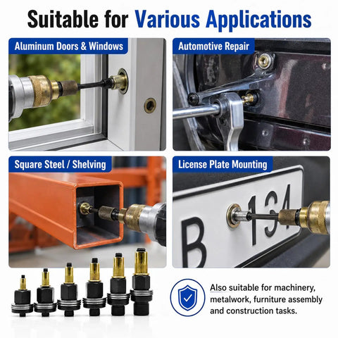 Pro Grade Carbon Steel Rivet Nut Tool Kit With Sixty Press In Thread Inserts used for aluminum doors, automotive repair, and more.