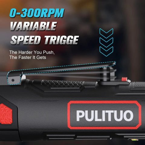 Variable speed trigger on Cordless Electric Ratchet Wrench Three Eighths Inch Drive, highlighting push speed feature.