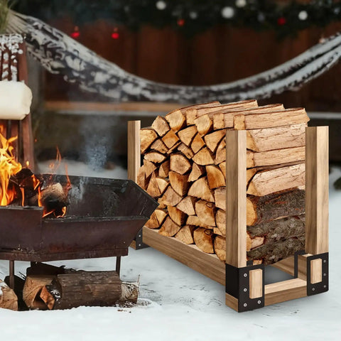8 Pack Firewood Log Storage Rack Bracket Adjustable Beefy Heavy Duty Powder Coated Steel Holder For Fireplace Patio And Deck Rust Resistant Outdoor Wood Storage Organizer with firewood and fire.