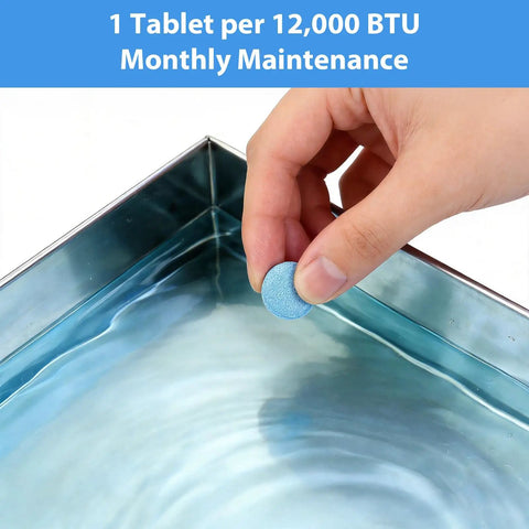 Hand holding blue AC Drain Pan Tablet over metal pan, labeled for 12,000 BTU use, AC Drain Pan Tablets 120 Count for Condensate Systems