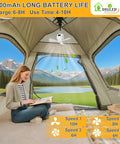Portable 11 Inch Battery Operated Ceiling Fan With Lights For Camping And RV Life hanging in a tent, remote nearby.