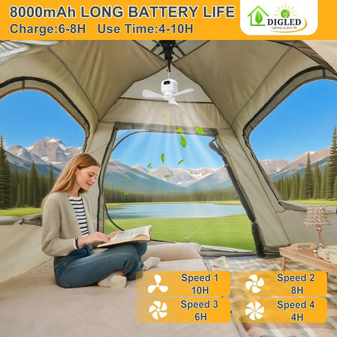 Portable 11 Inch Battery Operated Ceiling Fan With Lights For Camping And RV Life hanging in a tent, remote nearby.