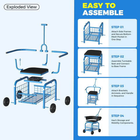 Exploded view of Rollin Garden Seat With Wheels For Seniors And Gardening Gearheads, showing assembly steps with handles and basket.
