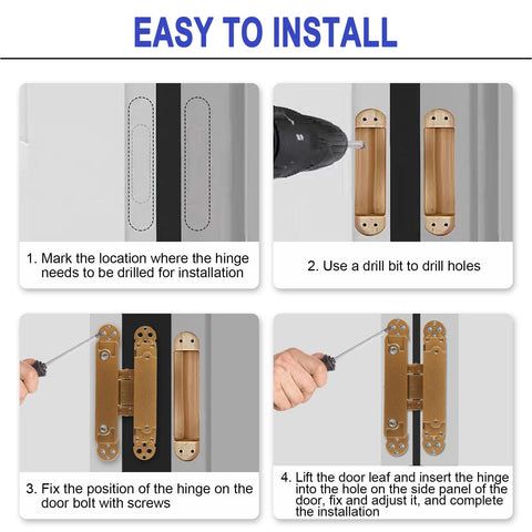 Installation steps for Hidden Door Hinges 6 Inch Heavy Duty Concealed Invisible 3 Way Adjustable 180 Degree Gold Two Pack