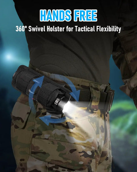 Tactical Flashlight With Holster And Charger, 1000 Lumen LED Duty Light, hands-free belt holster use, camo outfit