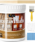 Hella Tough Heavy Duty Outdoor Wood Stain And Sealer Combo For Deck Fence And Patio Furniture Water Based Fast Dry Low Odor Semi Transparent Antique Brown 32 Oz Can with brush and gloves.