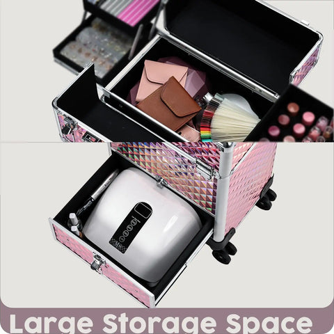 Rolling Makeup Case On Wheels With Drawer For Estheticians Manicurists And Mobile Stylists Durable Aluminum Trolley Glitter Pink