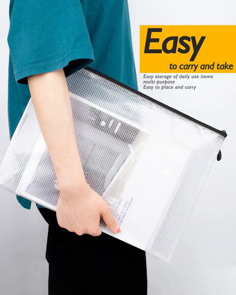 Person holding large mesh bag from Multisize Mesh Zipper Pouches Set Black Water Resistant Zip Bags For School Office Supplies