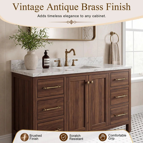 Heavy Duty Antique Brass Cabinet Hardware 20 Pack Sweet Vintage Looks Tough As Nails Brushed Drawer Pulls And Knobs in modern bathroom.