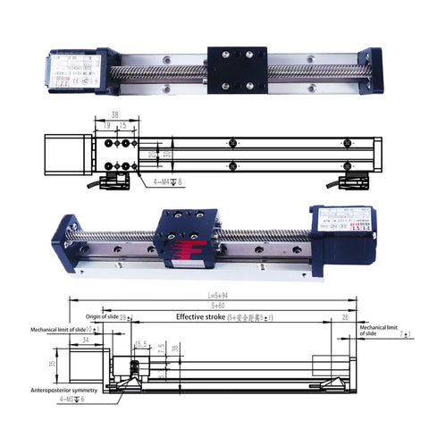 Compact Mini Linear Rail Kit With CNC Screw Drive And Nema 14 Stepper Motor 250mm Stroke, diagram and product view