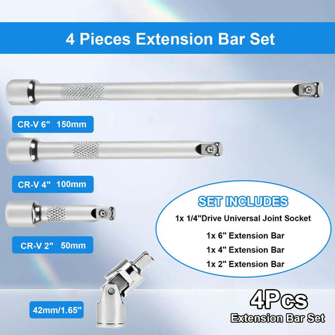 1/4 Inch Drive Extension Bar Set With 2, 4, And 6 Inch Extensions And 1/4 Inch Drive Universal Joint Sockets, 4 Piece Kit