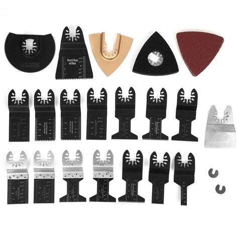 Universal Oscillating Saw Blades Set For Wood Metal Plastic High Carbon Steel 26 Pieces Multitool Kit displayed in rows