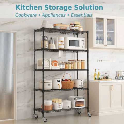 Heavy Duty Five Tier Wire Shelving Cart With Smooth Rollers And Adjustable Metal Storage Racks That Make Organizing A Breeze In Tight Garages Kitchens Or Laundry Rooms 46 By 18 By 74 Inches Black