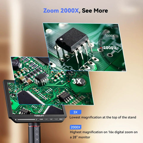 Autofocus 4K Digital Microscope With 8 Inch Screen And HDMI Output Pro Grade Soldering Microscope With Flexible Arm AI Auto Focus 52MP LCD Display Great For Electronics Repair Coins And Precision Work showing PCB zoom levels
