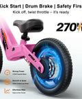 Electric Balance Bike For Kids Ages 3 To 7 With 14 Inch Pneumatic Tires, 24V 270W Motor, Kick To Start Safe Ride, Rear Drum Brake, 3 Speeds Up To 9.3 MPH, Lightweight Magnesium Alloy Frame, Adjustable Seat Pink side view