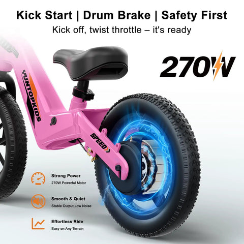 Electric Balance Bike For Kids Ages 3 To 7 With 14 Inch Pneumatic Tires, 24V 270W Motor, Kick To Start Safe Ride, Rear Drum Brake, 3 Speeds Up To 9.3 MPH, Lightweight Magnesium Alloy Frame, Adjustable Seat Pink side view