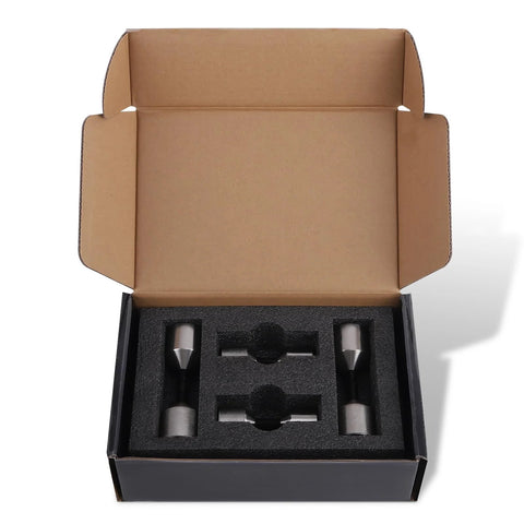 Four stainless steel flange two-hole alignment pins in foam insert, 1-1/8 in and 1-5/8 in diameters.