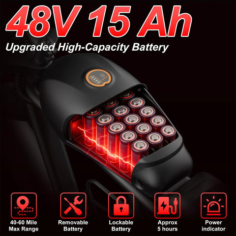 48V 15Ah removable lockable e-bike battery with 40-60 mile range for 1000W High Torque Electric Bike For Adults 35 MPH Fast Ebike With Beast Mode Power Rapid Acceleration Crush 30 Degree Hills Durable Frame For Commuting Rides And Weekend Adventures.