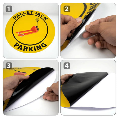 5 Pack Pallet Jack Parking Signs Self Adhesive Vinyl Floor Signs 24 By 24 Inches Anti Slip Waterproof Safety Signage For Warehouse Industry And Workplace in use