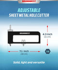 Adjustable Sheet Metal Hole Cutter with dimensions and weight, ideal for HVAC, roofing, and ceiling installations.