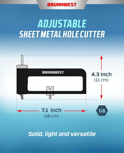 Adjustable Sheet Metal Hole Cutter with dimensions and weight, ideal for HVAC, roofing, and ceiling installations.