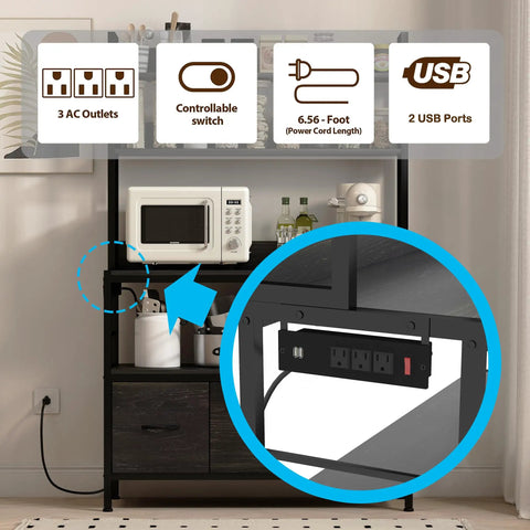 Hella Sturdy Five Tier Kitchen Bakers Rack With Built In Power Outlets And Usb Charging Ports, Industrial Metal Storage Shelf With Baskets And Hooks A Serious Game Changer For Countertop Setup Black