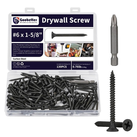 Heavy Duty Six By One Five Eighth Drywall Screws And Wood Fasteners Featuring Top Shelf Anti Rust Coating 1022A Carbon Steel in a pack of 130.