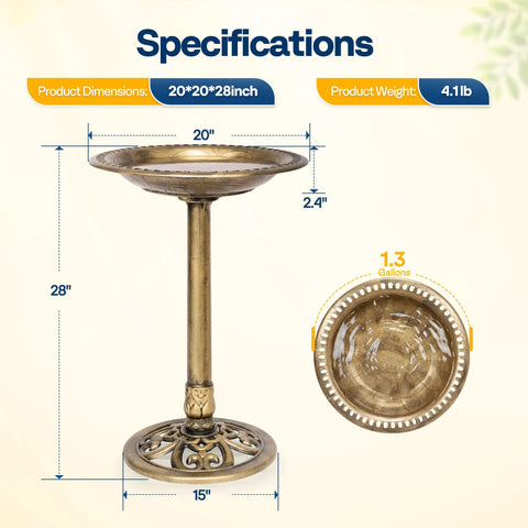 Weather Resistant Outdoor Polyresin Bird Bath With 28 Inch Pedestal And 20 Inch Bowl In Antique Copper Finish For Garden