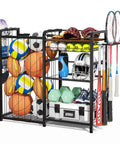Garage Sports Equipment Organizer With Ball Storage Large Capacity For Gear And Toys Includes Hooks And Baskets For Basketballs Soccer Balls Footballs Golf Balls Bats And More with visible balls, bats, and gear.
