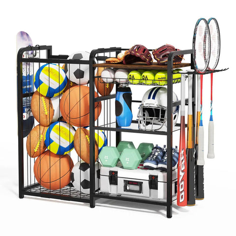 Garage Sports Equipment Organizer With Ball Storage Large Capacity For Gear And Toys Includes Hooks And Baskets For Basketballs Soccer Balls Footballs Golf Balls Bats And More with visible balls, bats, and gear.