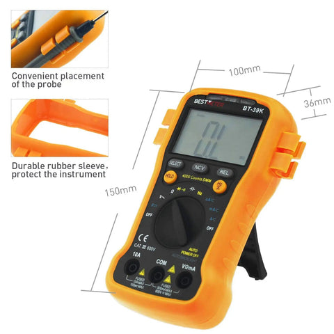 BT-39K Digital Multimeter With Case Pro Grade 4000 Count Volt Ohm Amp Tester with orange rubber sleeve