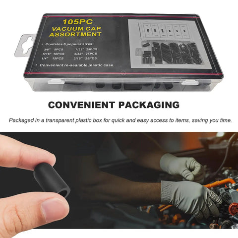 Vacuum Cap Kit For Car Repairs With 105 Piece Rubber Hose End Caps In Assorted Sizes in transparent packaging box