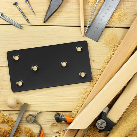 Heavy Duty Stainless Steel Corner Braces for Wood Shelves Matte Black Repair Plates with tools on wooden background