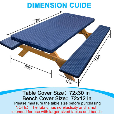 Waterproof Picnic Table Cover With Elastic Edges For 72 Inch Table And 72 Inch Benches Built In Storage Pocket Portable Table Cloth Bench Covers For RV Camping And Outdoor Picnics No Fuss Setup shown on table and benches.
