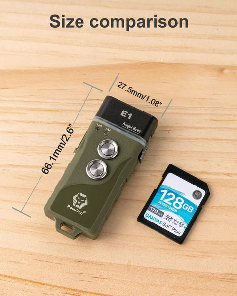 Size comparison of EDC Keychain Flashlight Pocket Friendly With Hybrid Dual Power AAA Battery System and SD card on wooden surface.