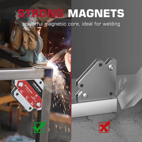 ARCCAPTAIN welding magnets 4 piece set (25 lb & 55 lb), metal magnetic welding holder in use on a steel frame